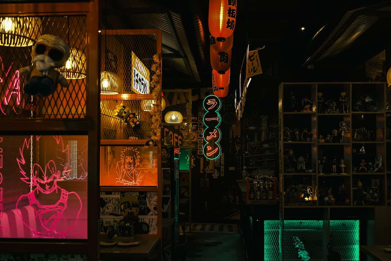 why-choose-us Dark, moody Tokyo diner with neon signs and anime decor, capturing cyberpunk culture.